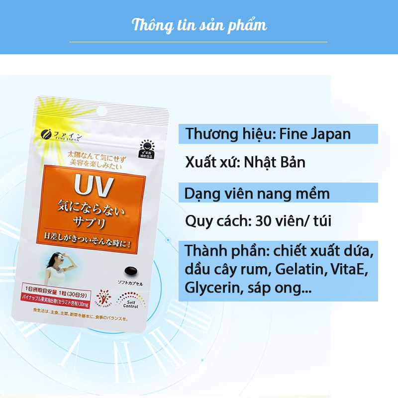 Viên uống chống nắng UV Fine Japan giúp bảo vệ da tối ưu, dưỡng sáng làn da, hạn chế sạm nám và tàn nhang, tăng cường sức khỏe làn da JN-UV01