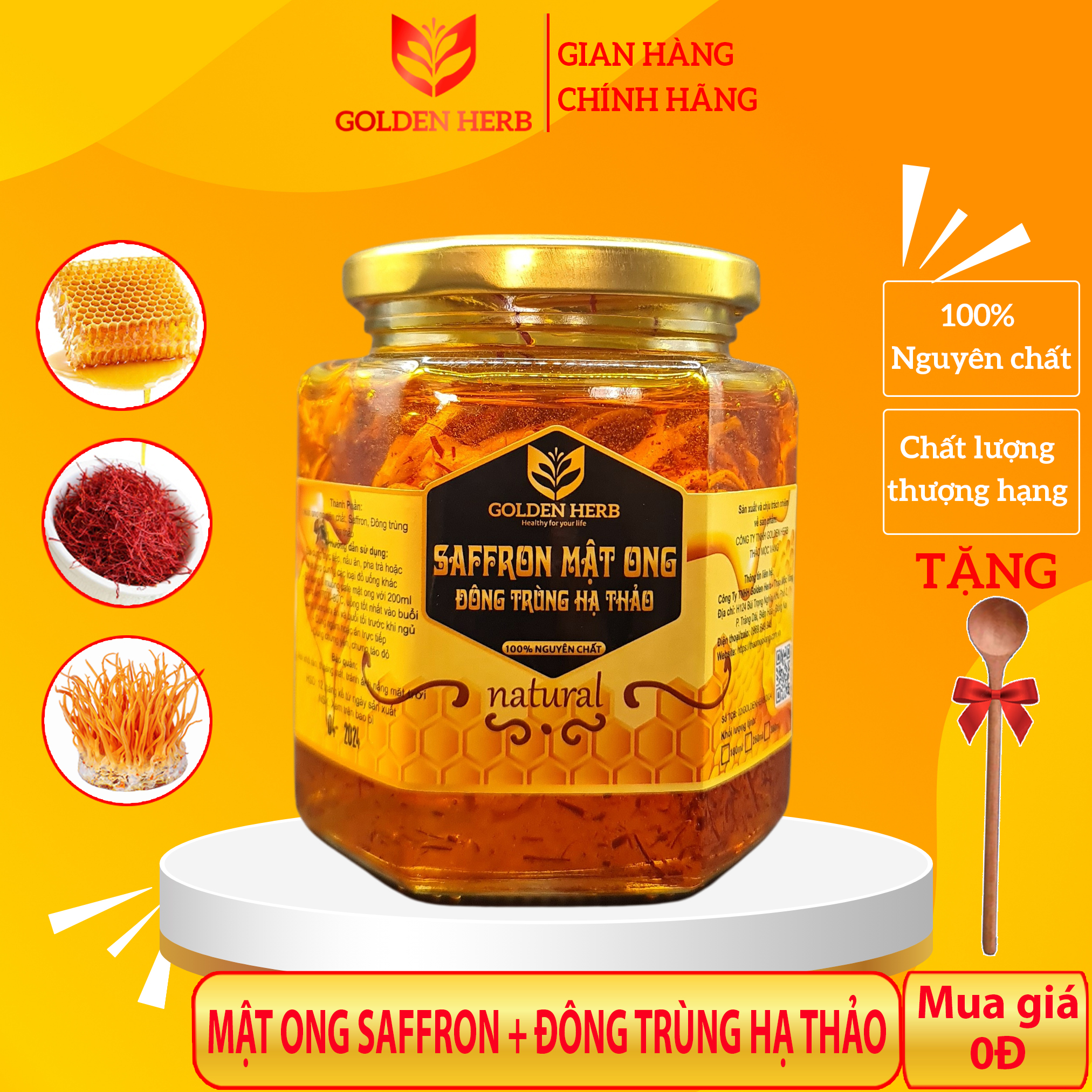 Mật Ong Saffron Đông Trùng Hạ Thảo 380ml/lọ Golden Herb