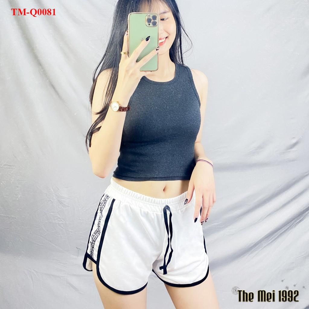 Quần đùi short nữ THE MEI 1992 cao cấp - Quần sooc nữ cạp chun chất Umi thể thao dáng hộp viền chữ siêu xinh