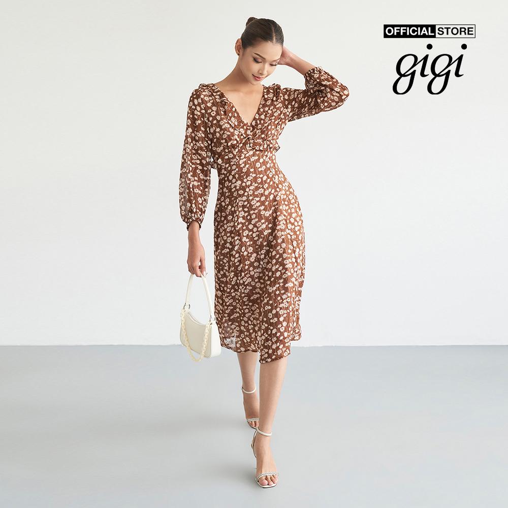 GIGI - Đầm midi tay dài cổ V phối họa tiết hoa nữ tính G2102D222109