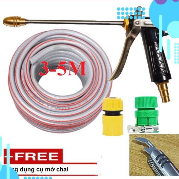 Bộ dây vòi xịt nước rửa xe, tưới cây . tăng áp 3 lần, loại 3m, 5m 206318 đầu đồng,cút,nối vàng+ tặng mở chai