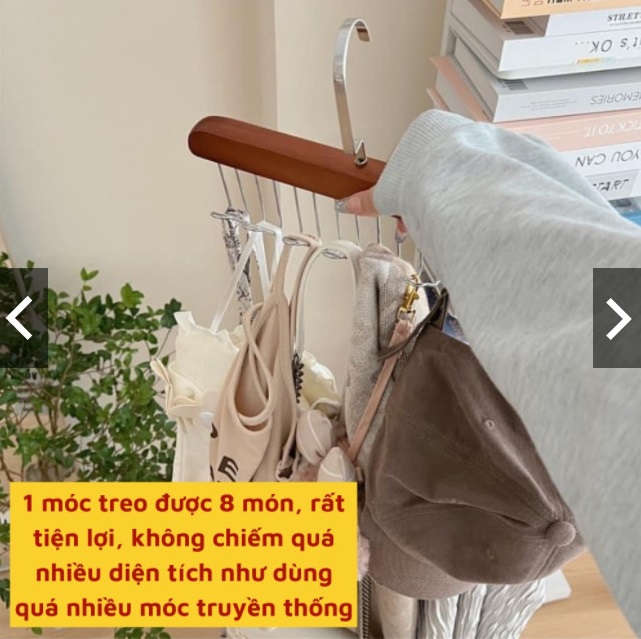 Móc Treo Đồ 8 Móc Inox, Thân Bằng Gỗ - Gọn Nhà Gọn Tủ
