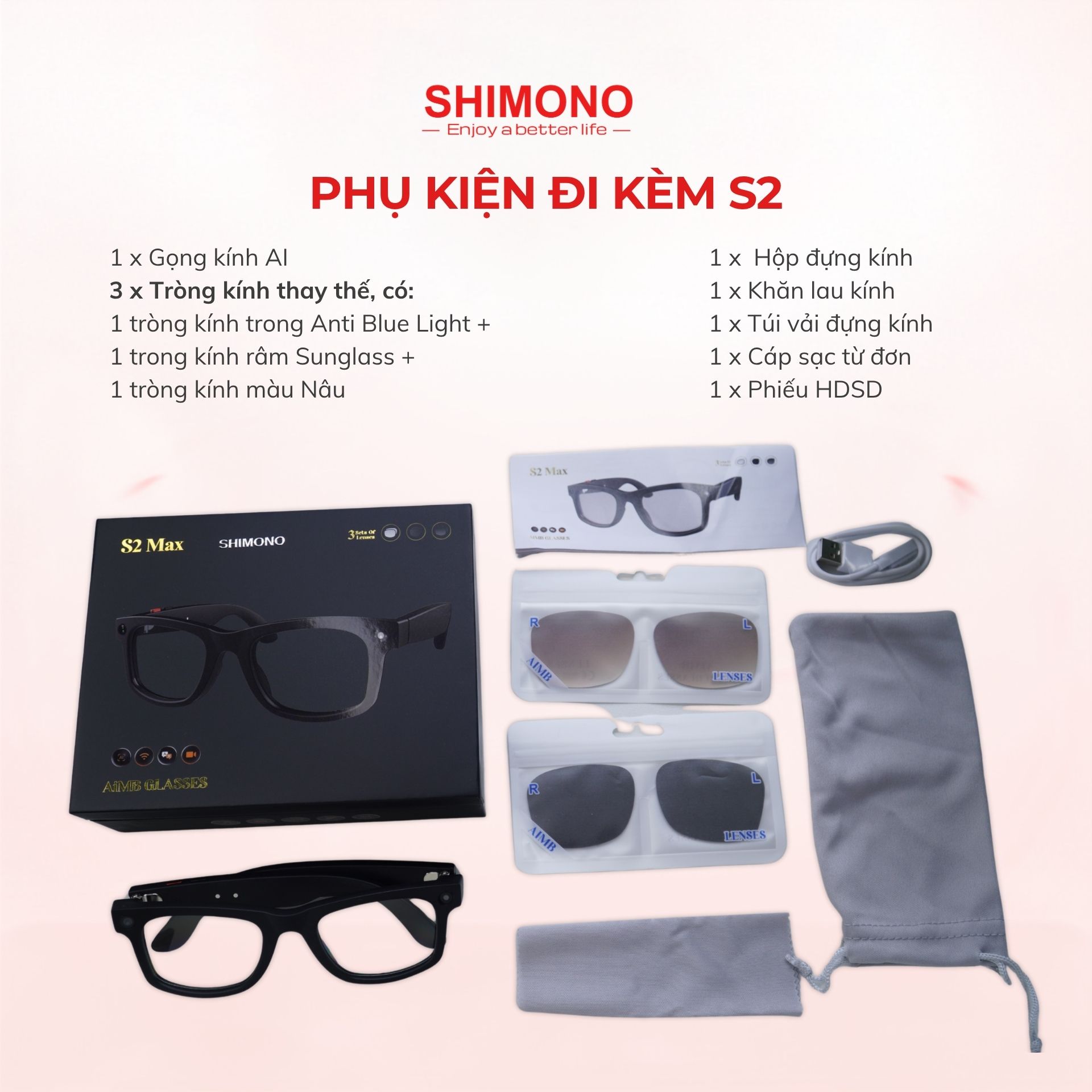 Kính Thông Minh AI Dịch Thuật SHIMONO AIMB-S2 Max Trợ lý AI, Bluetooth Đàm Thoại, Camera 5MP Sắc Nét Hàng Chính Hãng