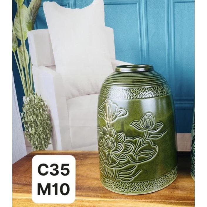 Bình cắm hoa dáng chuông Cao 35cm, men ngọc, họa tiết khắc thủ công. Gốm sứ Bát Tràng.