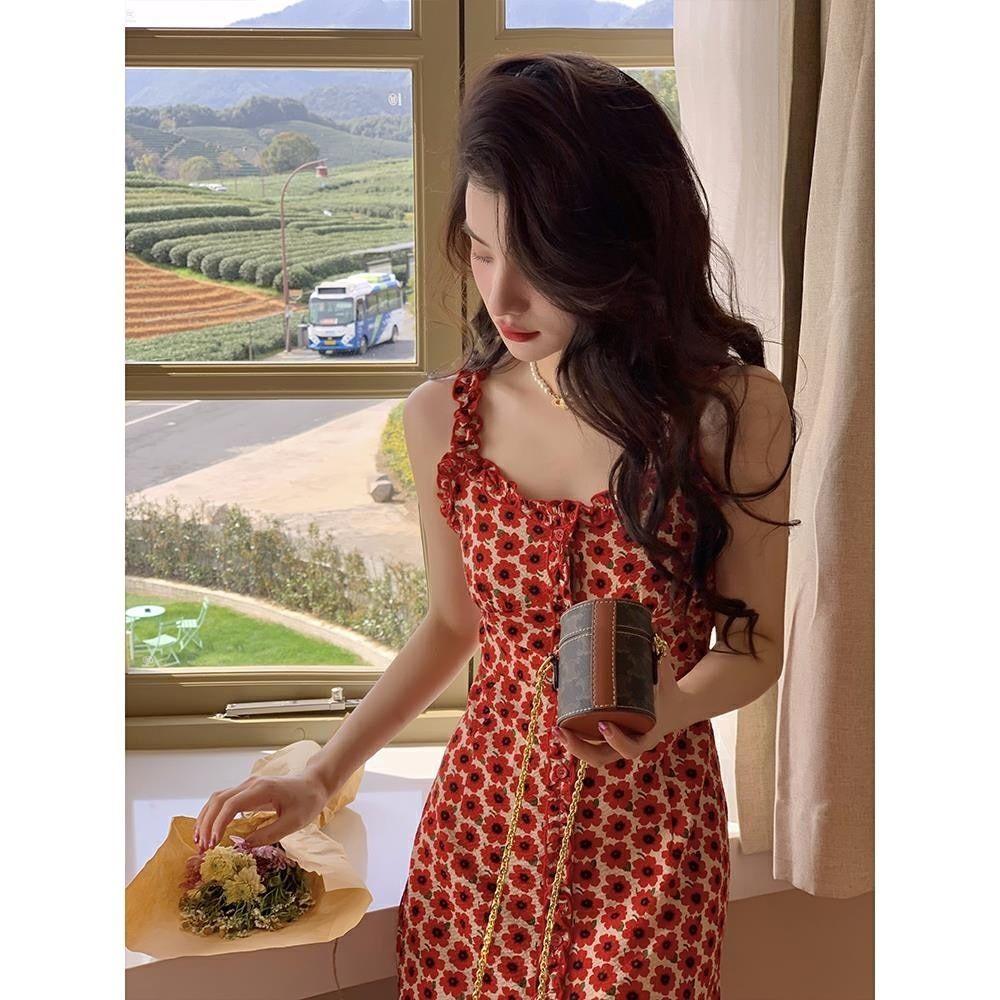 DIYIWEI Tea Break Dress Pháp Vintage Fairy Dress Nhỏ giảm tuổi Pure Sex Wind Sling Dress Nữ 2023 Summer Dress