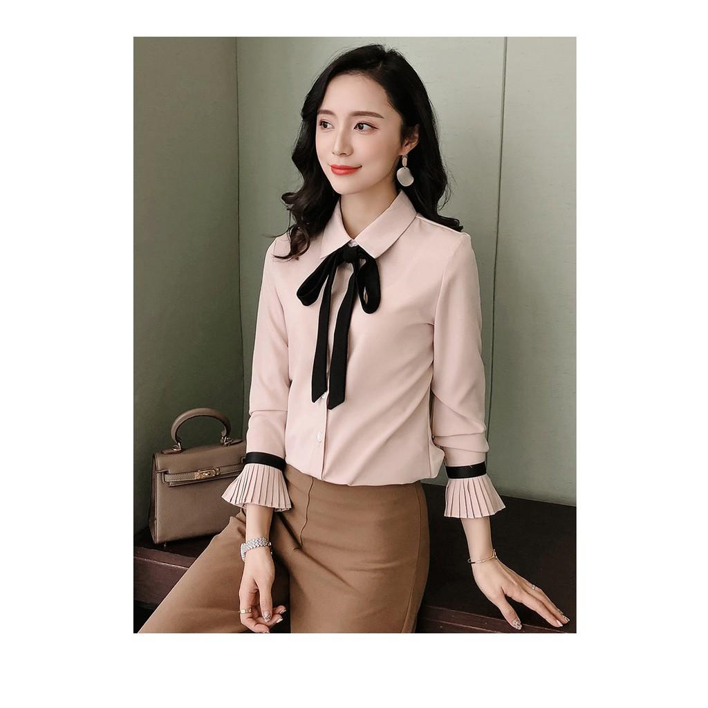 Áo sơ mi nữ cổ nơ tay chumpet xinh xắn, thời trang trẻ, phong cách Hàn Quốc