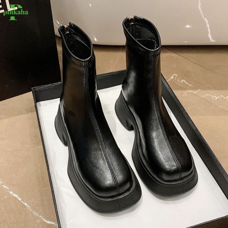 Bốt Nữ Đế Bánh Mì Boots Da Mềm Lót Nỉ Khóa Sau Cao Cấp Boot Mũi Tròn Thời Trang Đế Độn PINKAHA-GB20