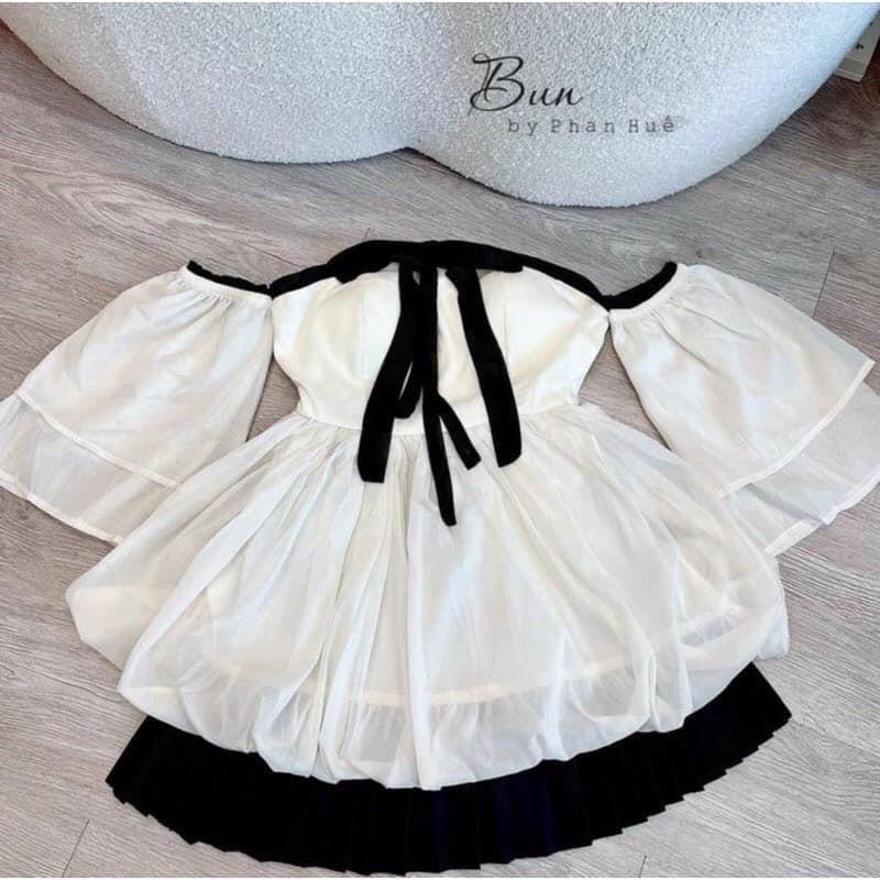 Set váy nữ sang chảnh phối áo trễ vai babydoll thắt nơ cực điệu + chân váy xòe xếp ly dáng ngắn lưng cao A01 - Be