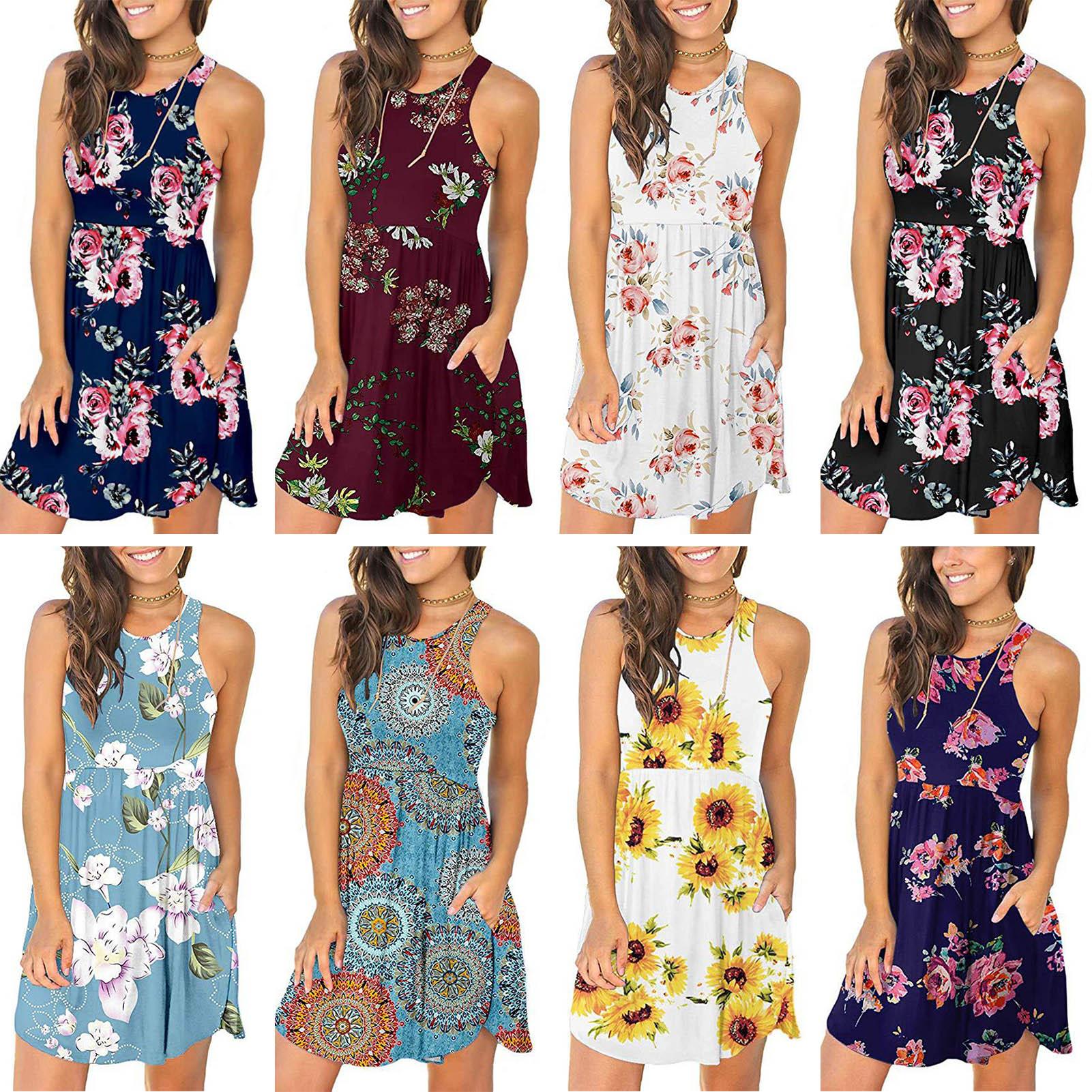 Women Floral Printed Mini Dress with Pockets Sleeveless O-Neck Summer Casual Sundress