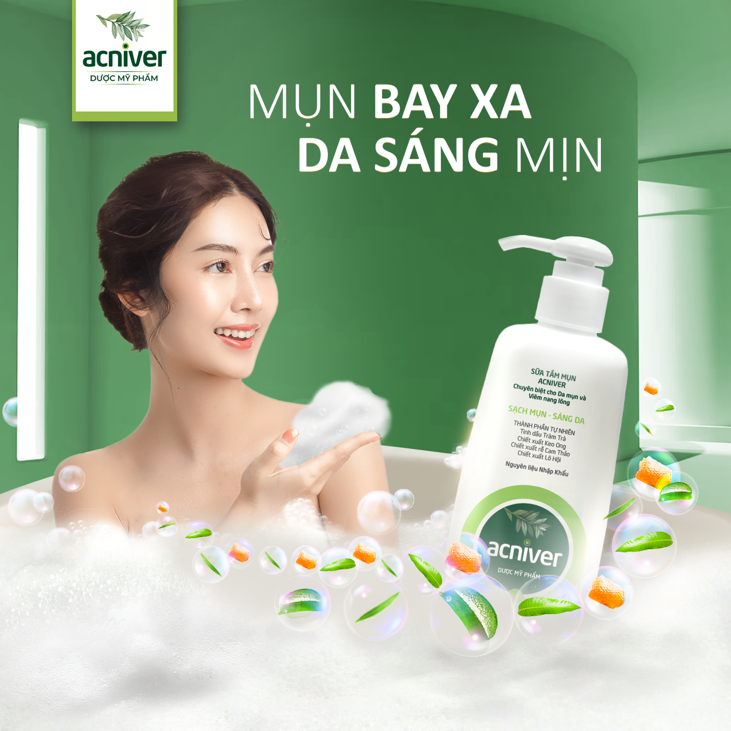 Sữa Tắm Mụn Lưng Acniver Chiết Xuất Thảo Dược Giảm Mụn Lưng, Ngực, Mông, Giúp Làm Sạch Da Toàn Thân, Loại Bỏ Bụi Bẩn, Dầu Nhờn, Thông Thoáng Lỗ Chân Lông Chai 210ml