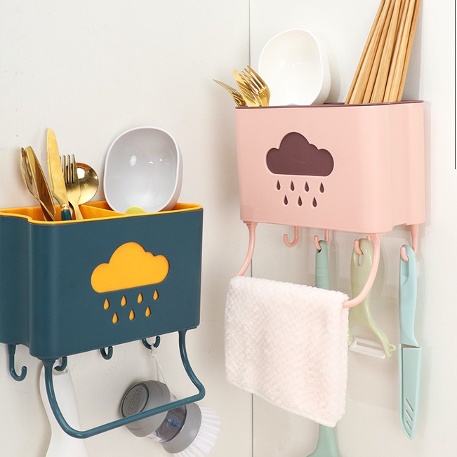 Ống đựng muỗng đũa thìa gia đình thiết kế treo tường tiết kiệm diện tích, thiết kế 2 lớp dày đẹp chắc chắn có kèm các móc treo và thanh phơi khăn tiện lợi thông minh