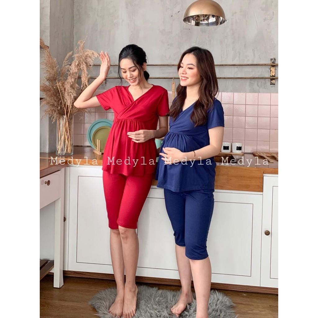 Bộ bầu mặc nhà hè cotton ngắn tay thoáng mát thiết kế