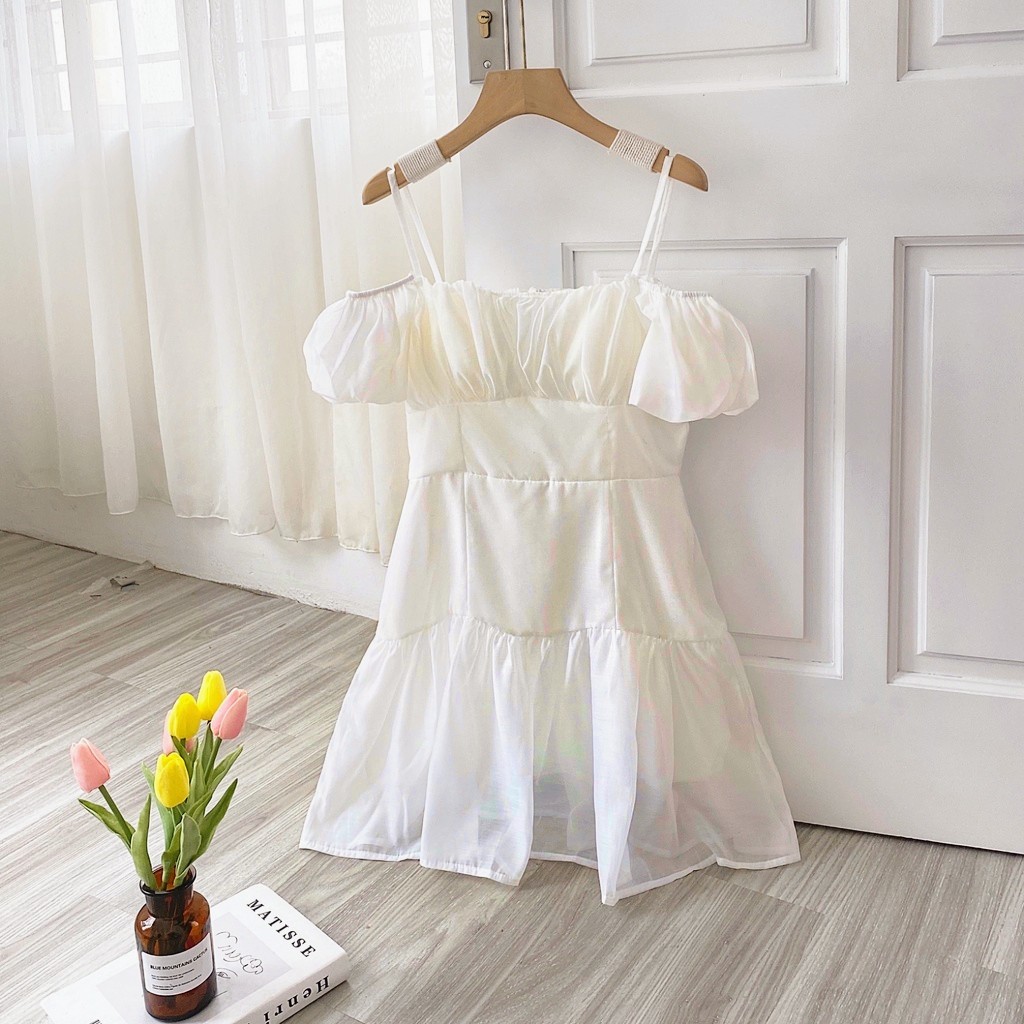 Đầm 2 dây trễ vai, Váy trắng ngắn hai dây Cao Cấp dáng chữ A tay ngắn ôm eo sexy gợi cảm MiNhi