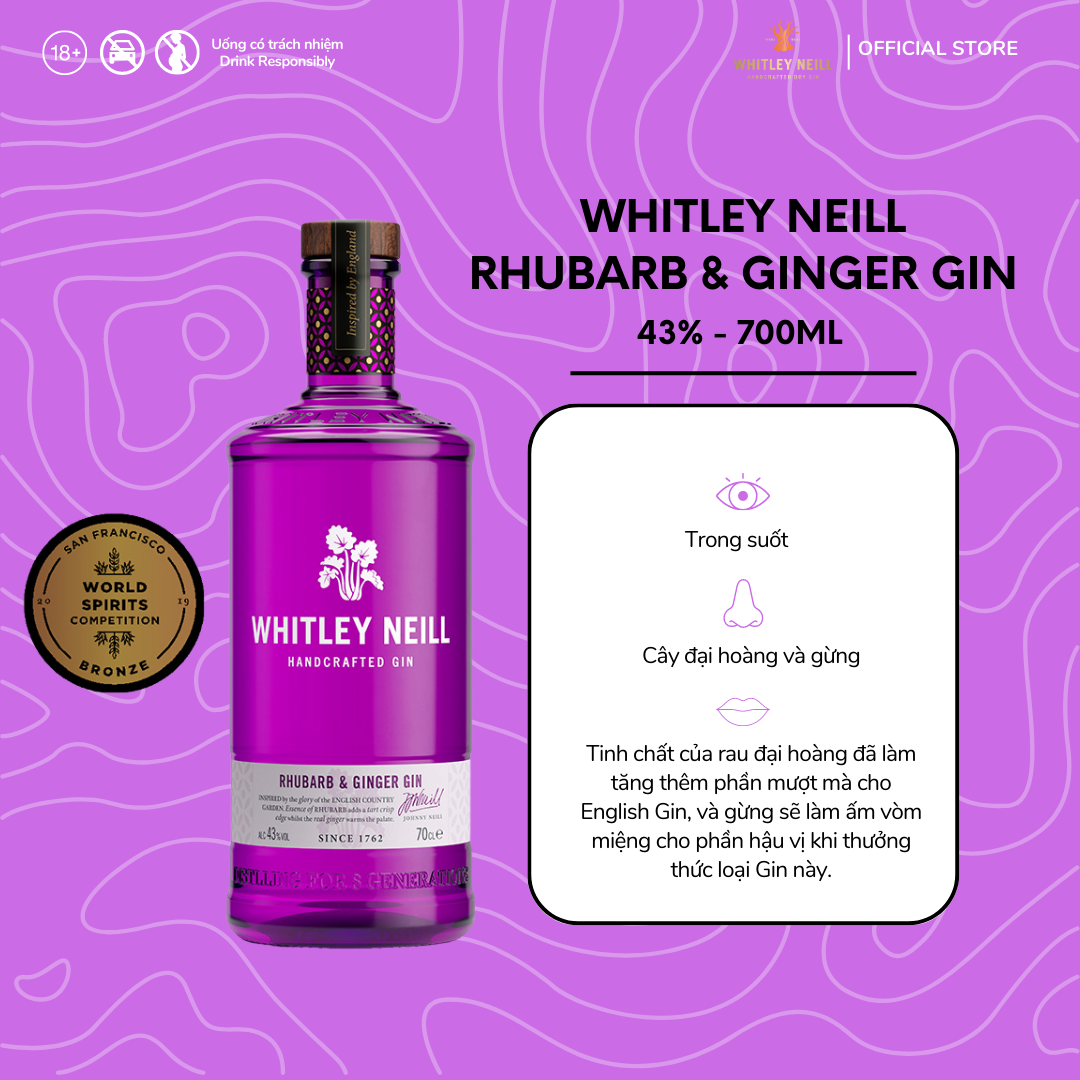 Rượu Whitley Neill Handcrafted Rhubarb & Ginger Gin 43%  - Không hộp