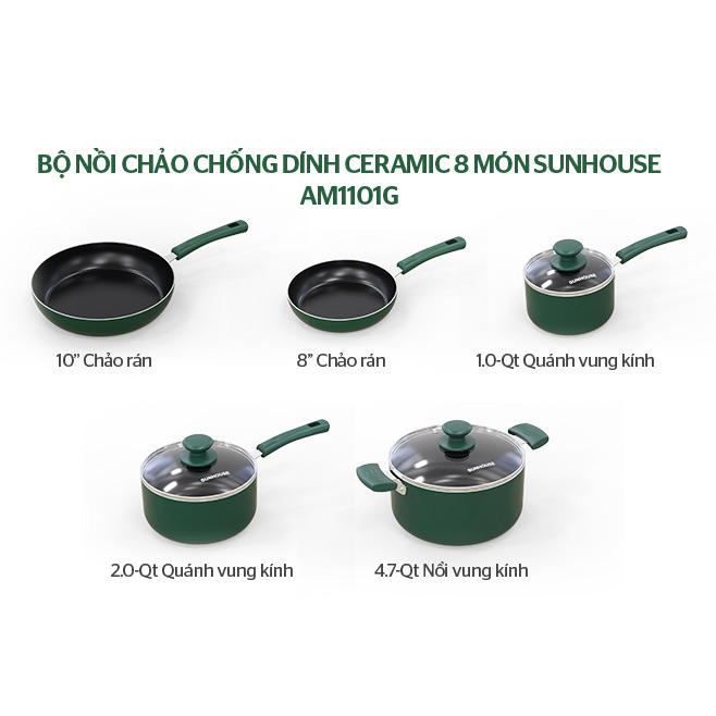 Bộ nồi chảo chống dính Sunhouse cao cấp AM1101G 8 món - Tiêu chuẩn Mỹ ( 1 chảo size 20cm, 1 chảo size 20cm, 1 quánh size 16cm , 1 quánh 20cm , 1 nồi size 24cm , 3 vung nồi các size 16/20/24cm)