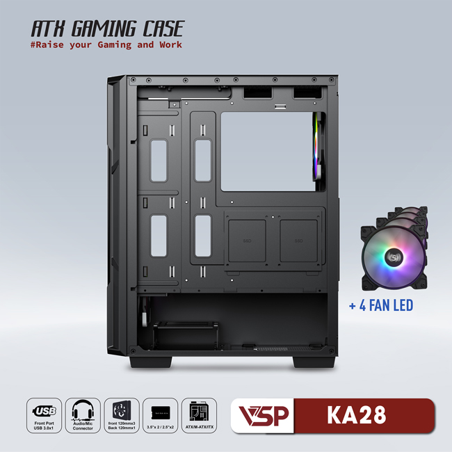 Vỏ máy tính Case VSP KA28 [ĐEN] sẵn 4 Fan LED ~ Gaming Kính cường lực (ITX, MICRO-ATX, ATX) - Hàng chính hãng TECH VISION phân phối