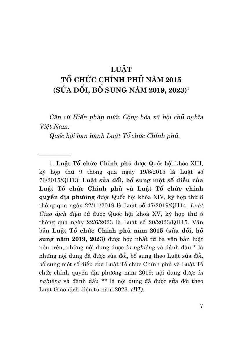 Luật tổ chức chính phủ năm 2015 (sửa đổi, bổ sung năm 2019, 2023) bản in 2024