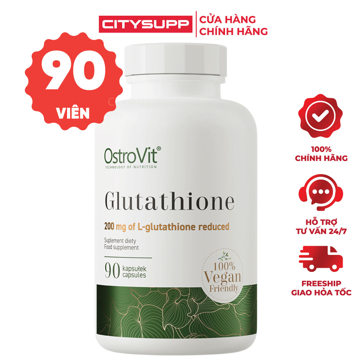 Viên Uống Glutathione Ostrovit 200mg (90 Viên) Mờ Thâm Nám, Chống Oxy Hóa và Hỗ Trợ Trắng Da | Nhập Khẩu Ba Lan