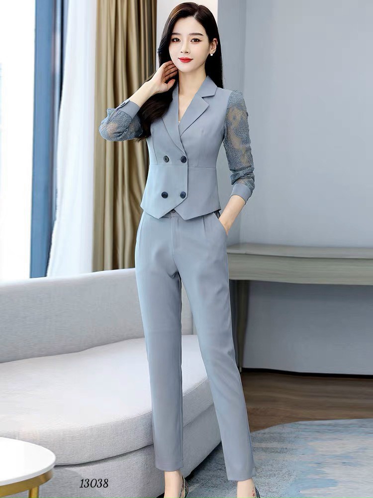 Set bộ vest tây cotton tây ren dài quần tây màu xanh đen công sở công tác lịch sự sang trọng