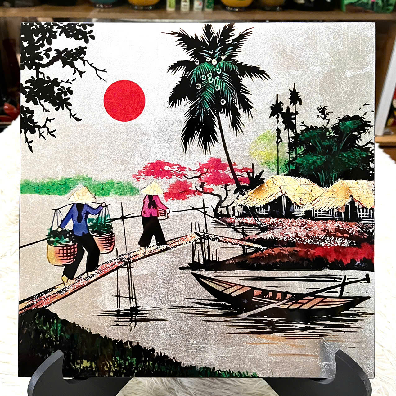 Tranh sơn mài đồng quê vẽ vàng, hàng xuất khẩu 30x30 cm