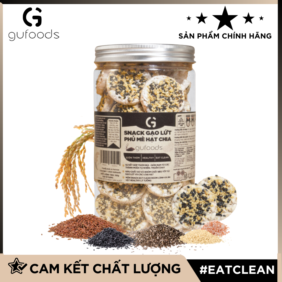 Snack gạo lứt phủ mè hạt chia GUfoods - Topping béo bùi giòn rụm, Tiện lợi, Giàu chất xơ, Eat clean, Thuần chay - Bánh kẹo Tết - Quà Tết