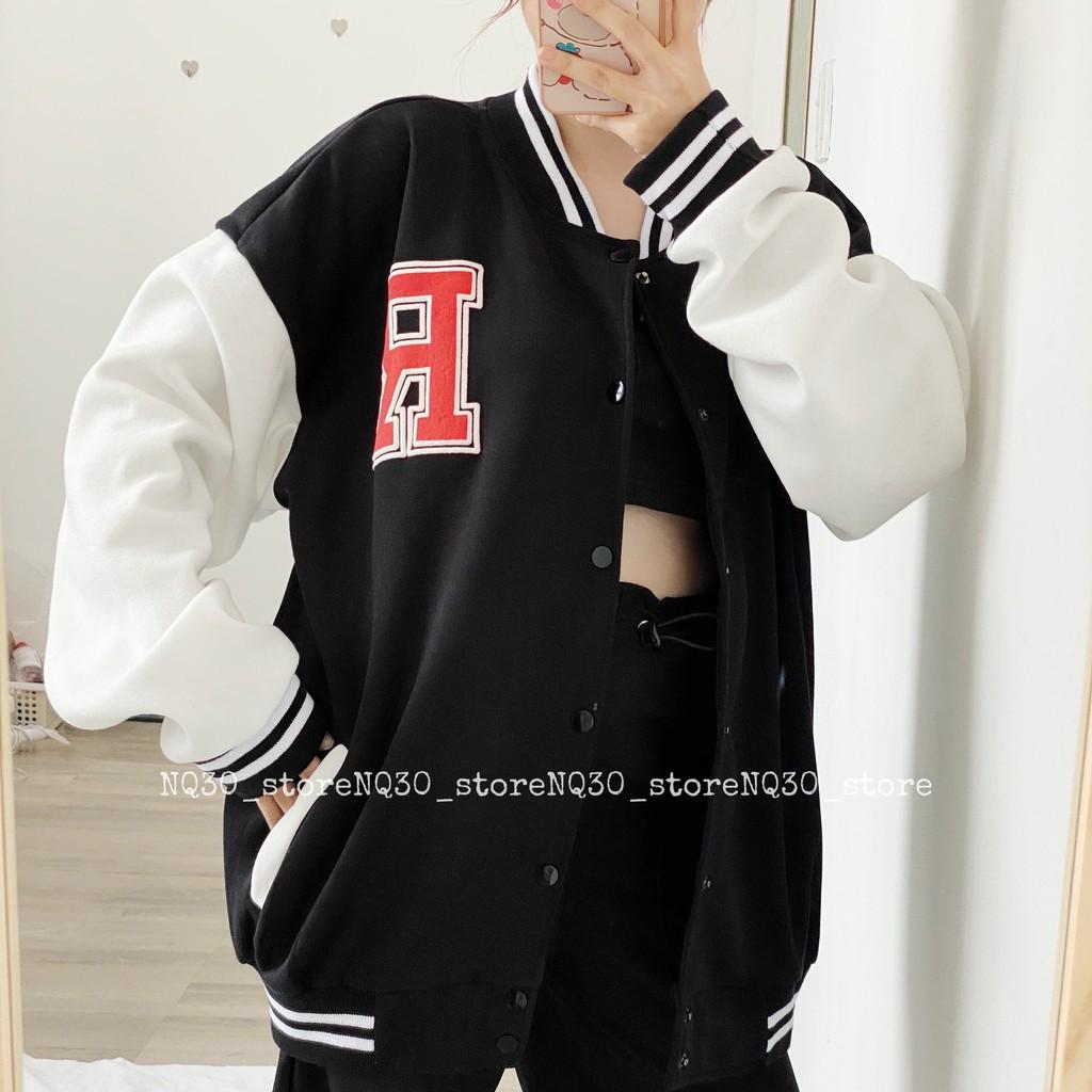 Áo Khoác Bomber R NQ30 Nỉ Bông Nam Nữ Form Rộng Nút Bấm Ullang Unisex