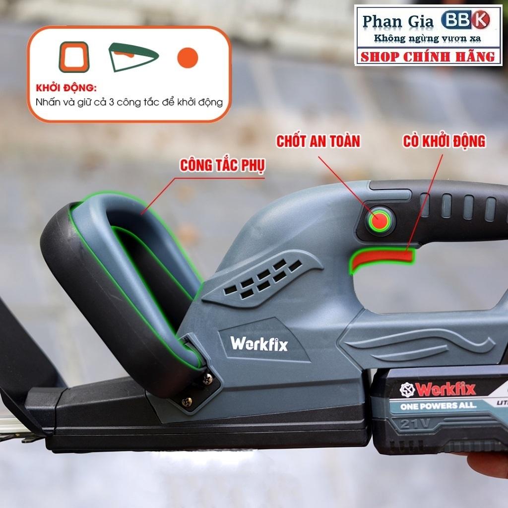Máy cắt tỉa cây cảnh, hàng rào WORKFIX - Sủ dụng chận pin phổ thông makita-Động cơ từ không than cực khỏe