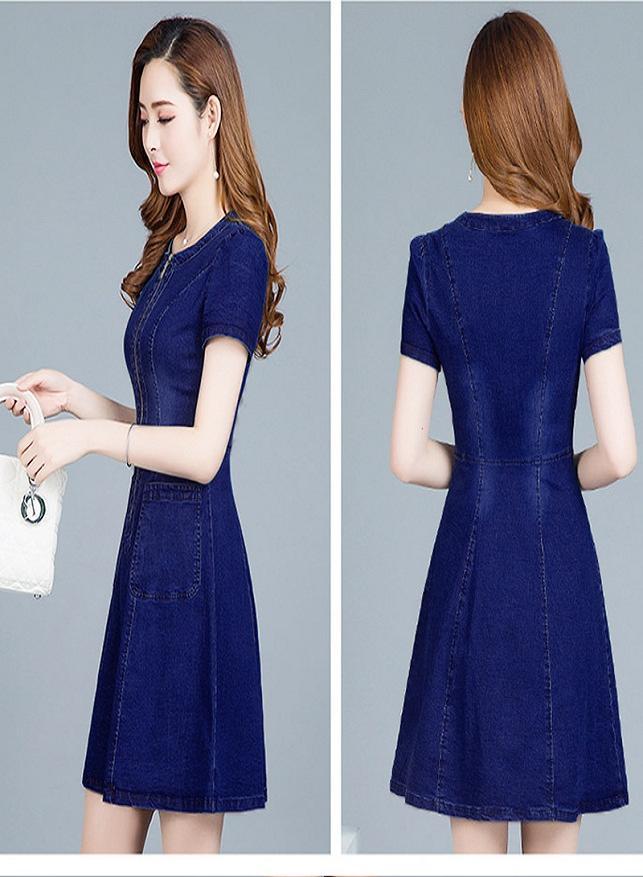 Đầm jean suông thời trang phối túi dây kéo trước