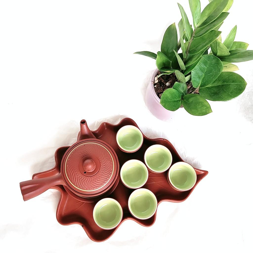 Trà đạo - Bộ ấm chén tử sa có tay cầm ngang khay hình lá độc đáo - Dung tích 300 ml