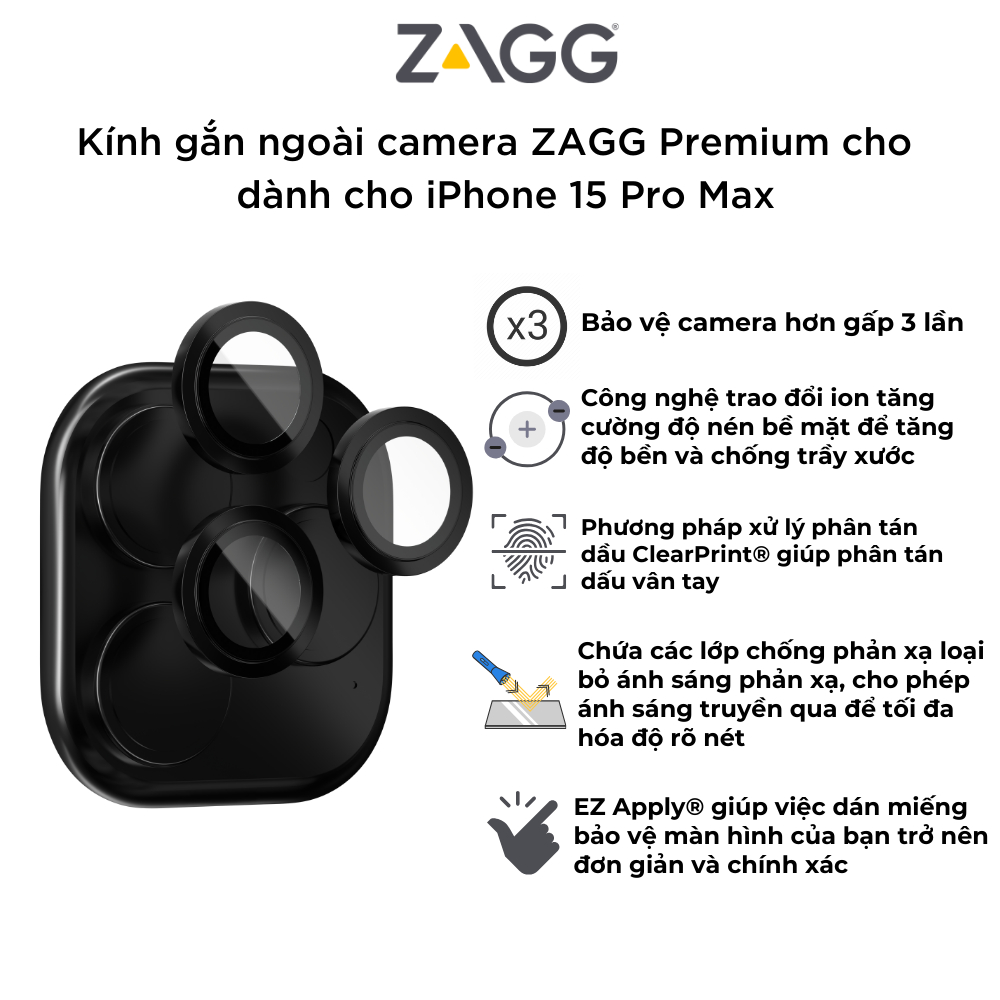 Kính gắn ngoài CAMERA ZAGG Premium cho iPhone - dành cho iP 15/ 15 Plus - Hàng chính hãng