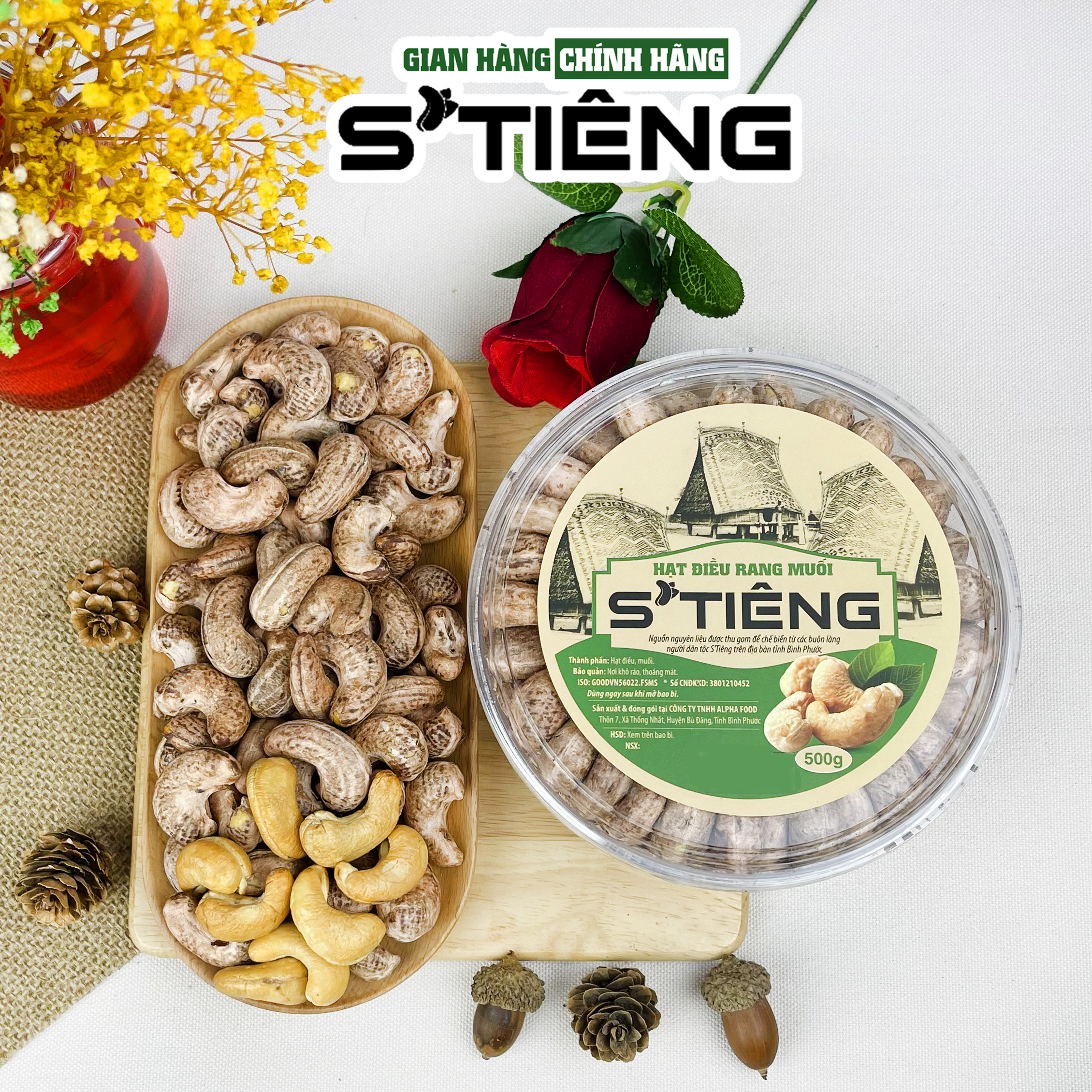 500Gr Hạt Điều Rang Muối Nguyên Hạt S'TIÊNG Hộp Xếp Hoa Đẹp Mắt