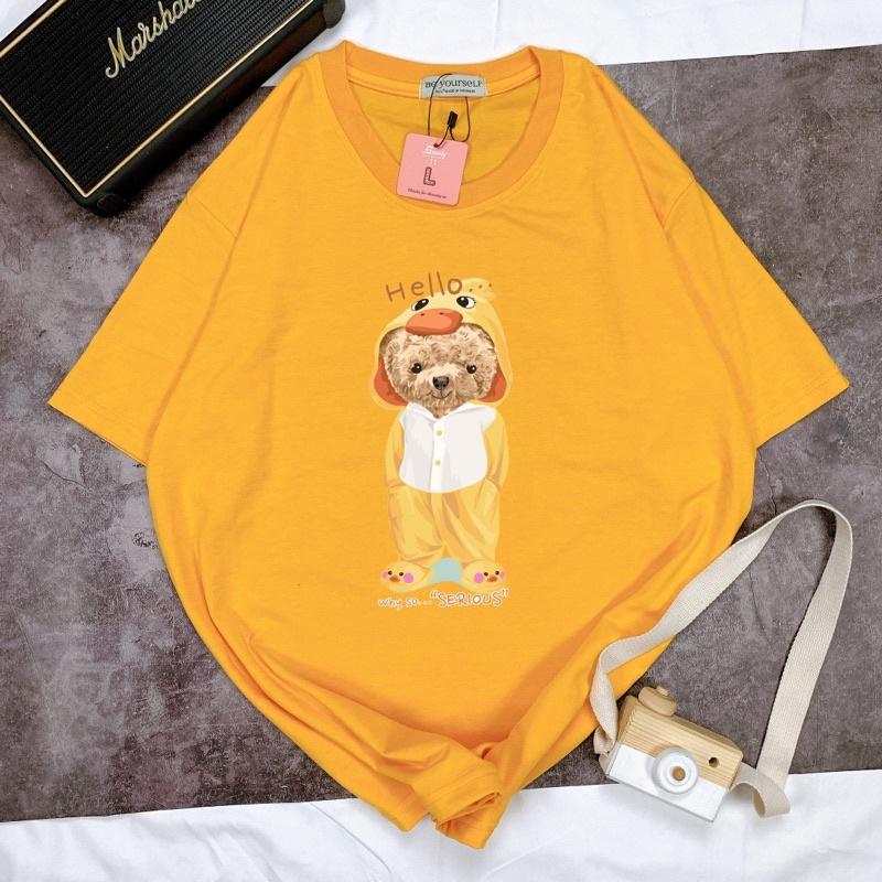 Áo Thun Tay Ngắn UNISEX in Decal IN DECAL GẤU HELLO - Hình chụp thật - Số đo ở cuối