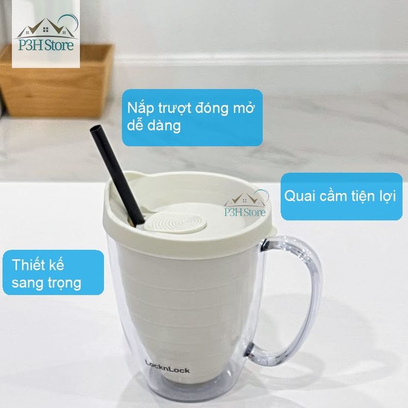 Ly nhựa 2 lớp Lock&amp;Lock Cold Cup 360ml/600ml kèm ống nắp trượt đóng mở HAP523IVY 524RED HAP525IVY