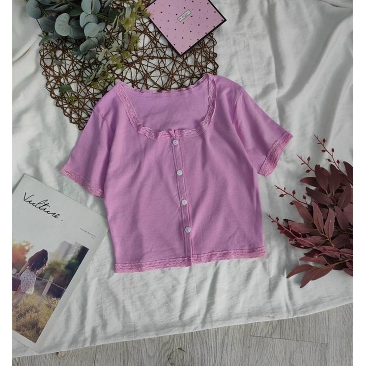Áo croptop viền ren tay ngắn, 100% ảnh thật do shop chụp
