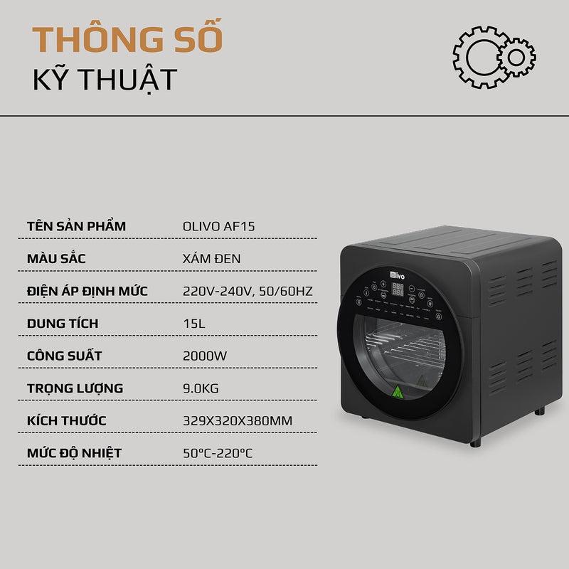 Nồi Chiên Không Dầu OLIVO AF15 - 16 Chức Năng - Dung Tích 15L - Công Suất 2000W - Thương Hiệu Mỹ - Hàng Chính Hãng- Tặng ấm siêu tốc cao cấp