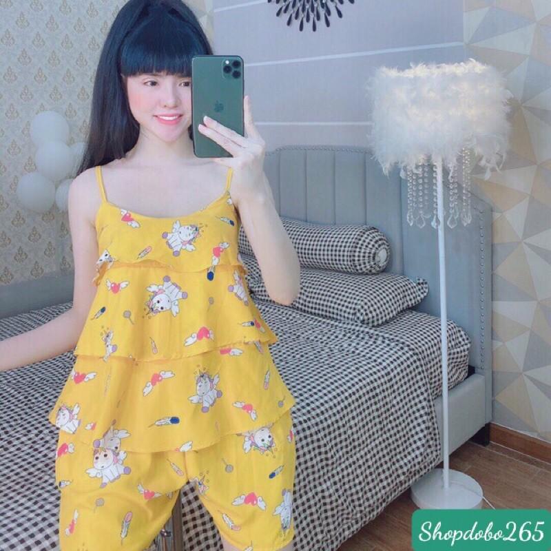 Bộ ngủ 2 dây, đồ bộ nữ,đồ ngủ,đồ bộ mặc nhà đùi 2 dây tầng vải lụa họa tiết siêu cute