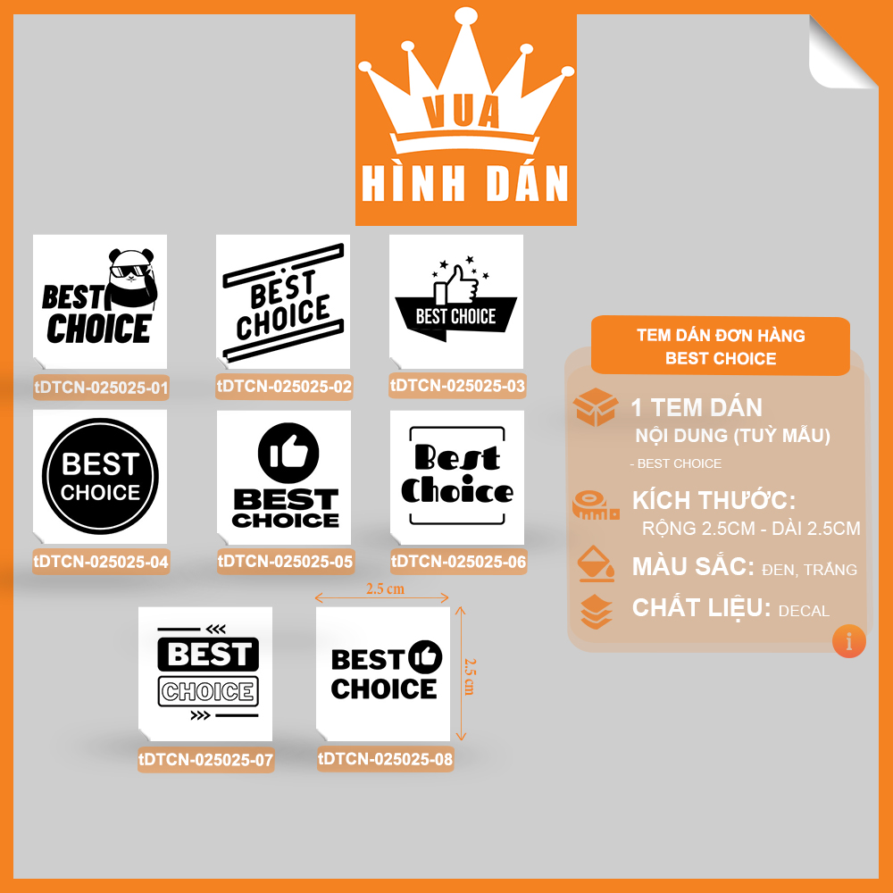 Set 100/200 sticker BEST CHOICE (2.5x2.5cm) tem dán mini LỰA CHỌN HÀNG ĐẦU dành cho shop (1.069)