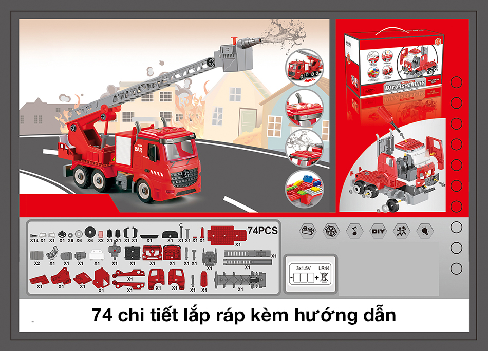 Bộ đồ chơi lắp ghép xe thang cứu hỏa KAVY có nhạc và đèn loại thang trượt phun nước, đẹp và bền bỉ nhựa nguyên sinh an toàn