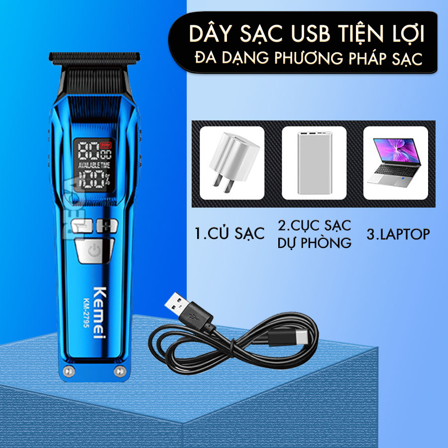 Tông đơ chấn viền Kemei KM-2795 lưỡi cắt mạ carbon DLC cao cấp công suất mạnh mẽ 8W sạc nhanh USB pin lâu - Chính hãng