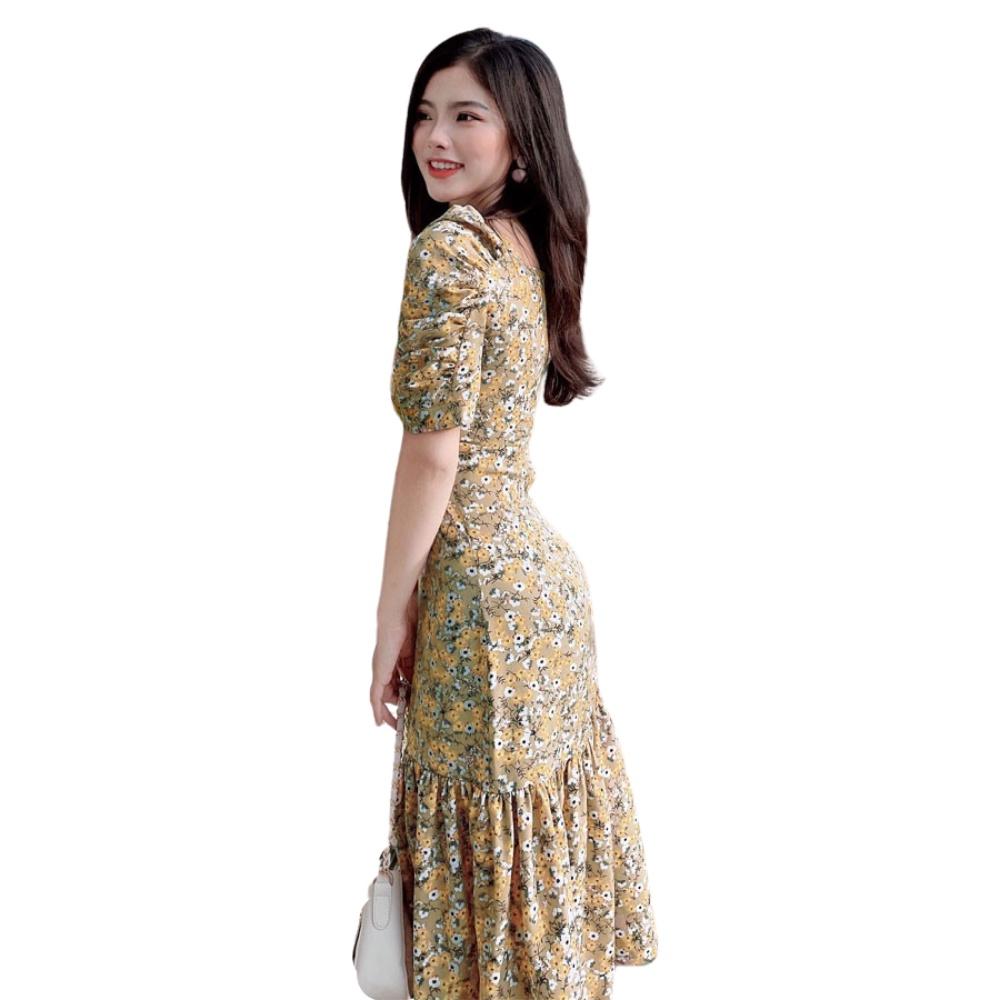 Đầm Váy Nữ Midi Cổ Vuông Hoa Nhí - QA00159
