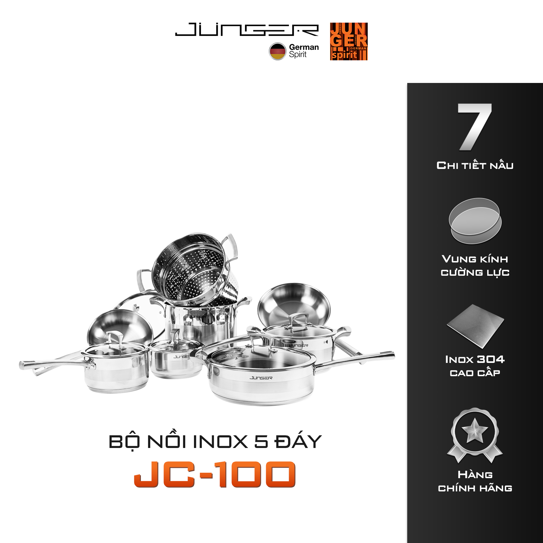 Bộ nồi inox 304 Junger JC-100 13 chi tiết Tay cầm cách nhiệt Hàng Chính Hãng Bảo Hành 12 Tháng