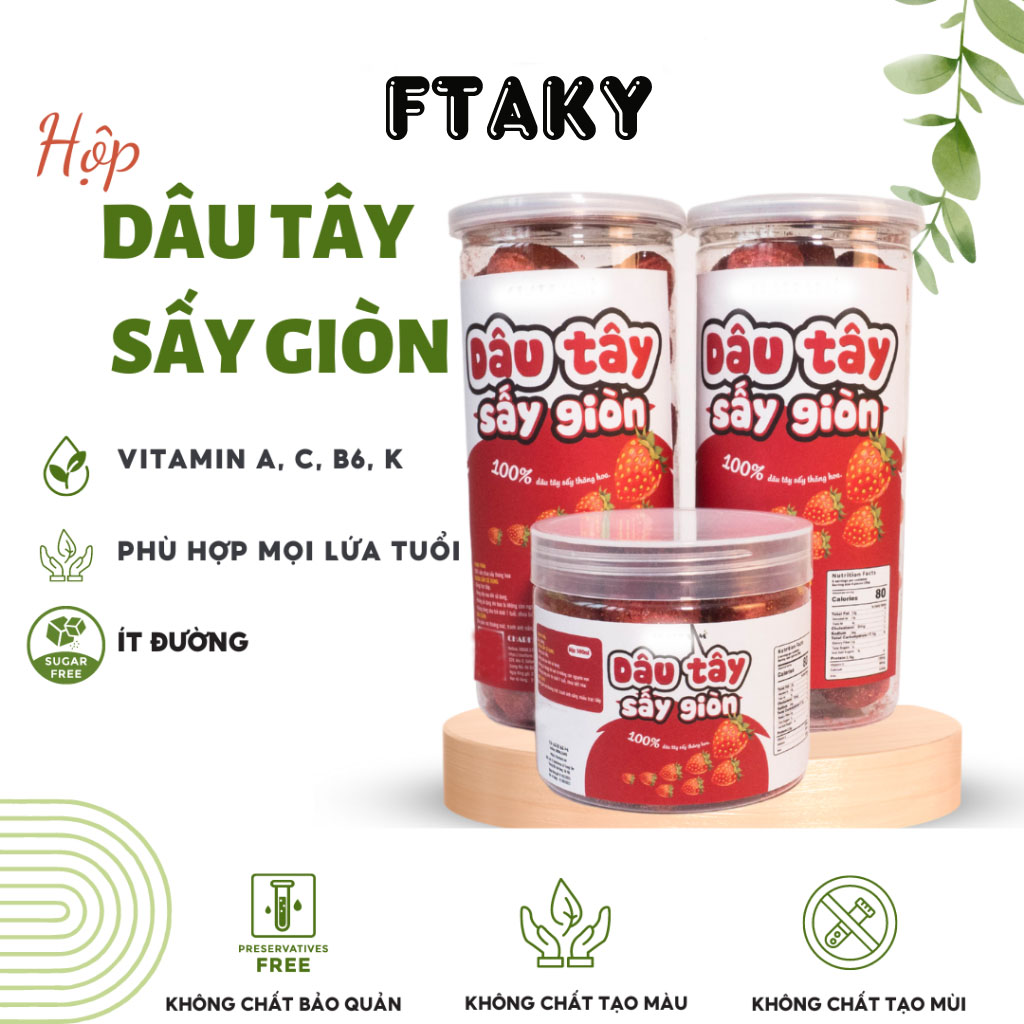 Dâu tây sấy lạnh giòn công nghệ sấy thăng hoa Hũ PET 1000ml ít đường, ít chất béo tự nhiên vị trái cây FTAKY