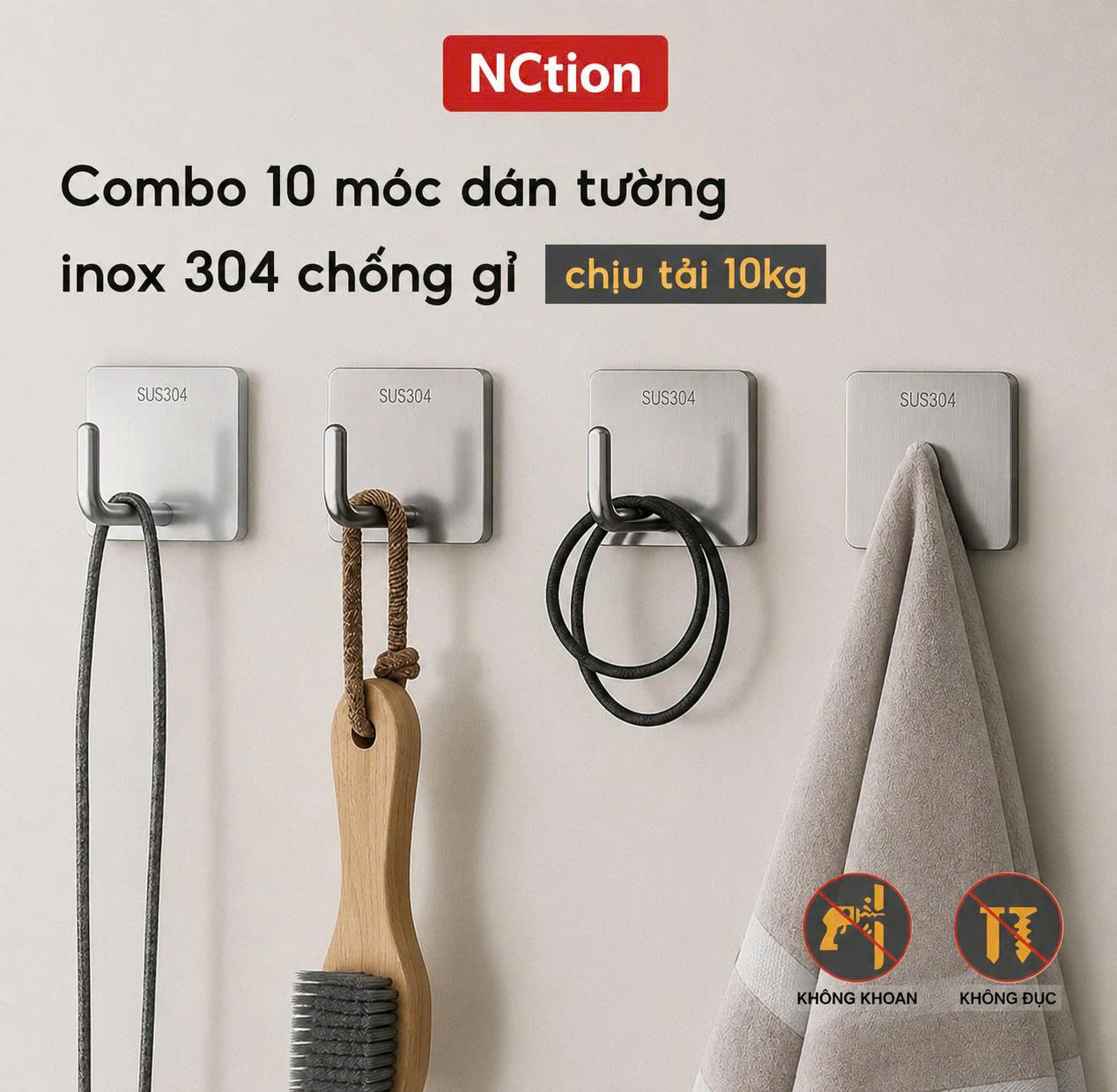 COMBO 10 Móc dán tường chịu lực inox 304 siêu chịu lực, không cần khoan treo vật dụng đa năng