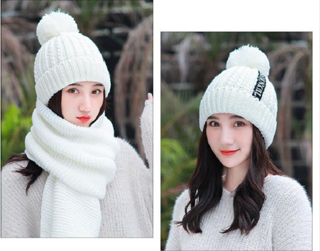 Mũ len nữ kèm khăn phong cách Hàn, sét nón len khăn cao cấp màu