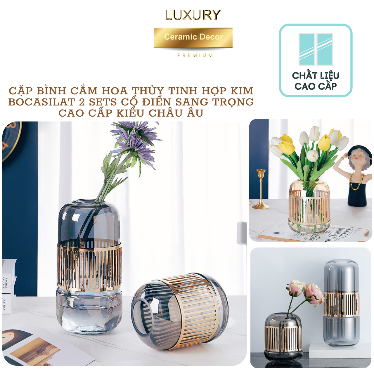 Cặp Bình Cắm Hoa Thủy Tinh Hợp Kim Bocasilat 2 Sets Cổ Điển Sang Trọng Cao Cấp Kiểu Châu Âu DECOR LUXURY - Hàng Nhập Khẩu