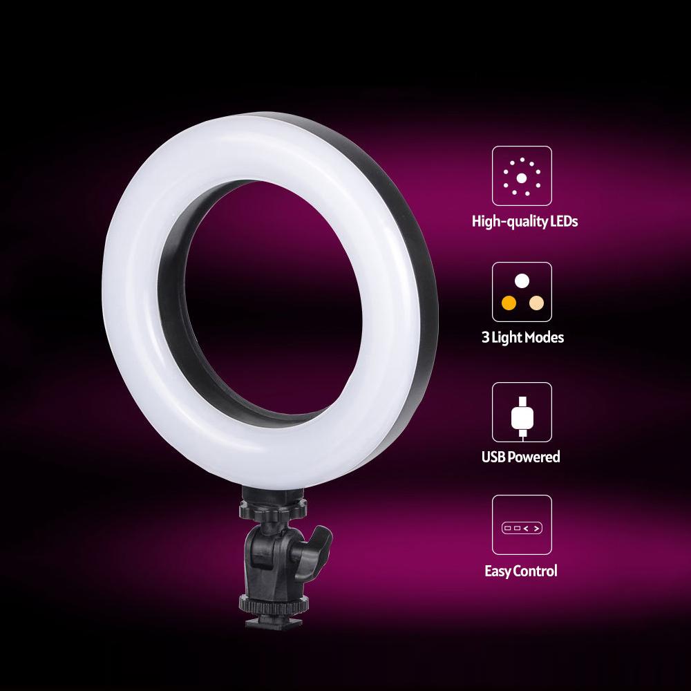 Đèn vòng LED chiếu video nhỏ 6 inch có thể điều chỉnh độ sáng 3 chế độ được hỗ trợ bởi giá đỡ điện thoại