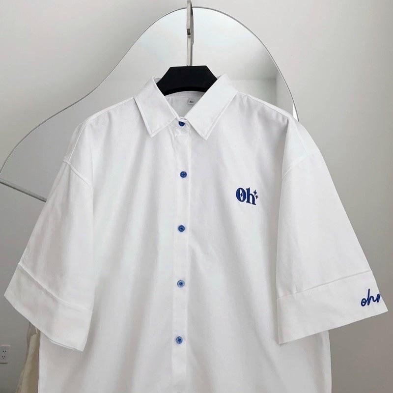 Áo sơ mi trắng nữ THÊU LOGO OH XANH phối nút xanh Chất kate lụa mịn rộng đẹp