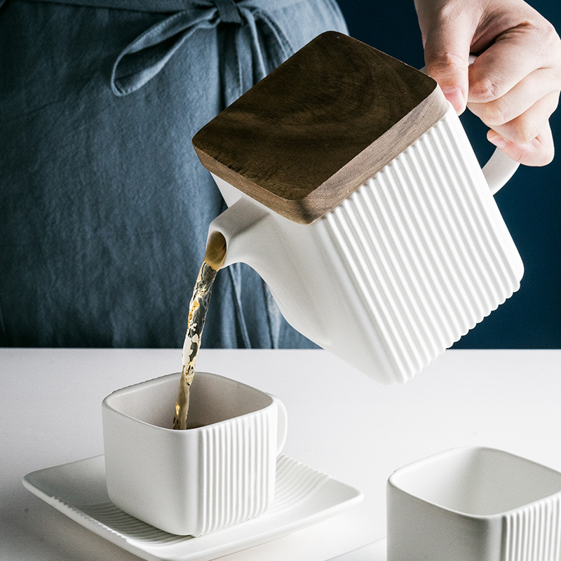 Bộ ấm trà &amp; cốc sứ vuông phong cách Bắc Âu - White