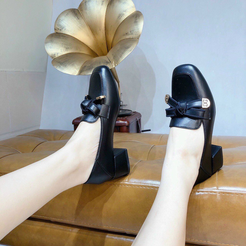 [FREESHIP] Giày nữ, Giày da mũi vuông nơ đẹp đế cao phong cách Hàn Quốc 2 màu Đen, Kem