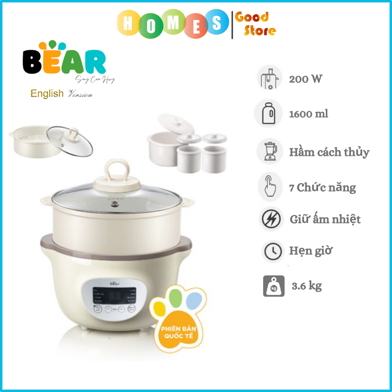 Nồi nấu chậm 1.6L Bear SUBE002 kèm 3 thố, có lồng hấp (BẢN QUỐC TẾ) - Hàng chính hãng